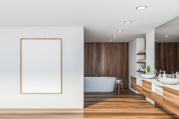 White and dark wood bathroom, tub and poster