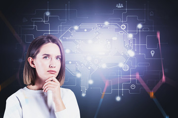 Pensive casual woman, AI brain hologram