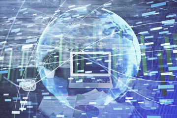 Multi exposure of business theme icons and work space with computer background. Concept of success.