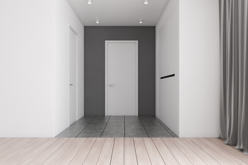 Empty apartment hall with doors and wardrobe