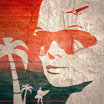 Summer vacation relative collage. Portrait of beautiful woman in sunglasses. Half turn view. Palms, surfer and sailboat icons. Gradient paint horizontal lines