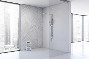 Gray wood and white bathroom with shower