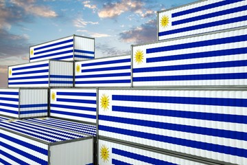 3D illustration Container terminal full of containers with flag of uruguay