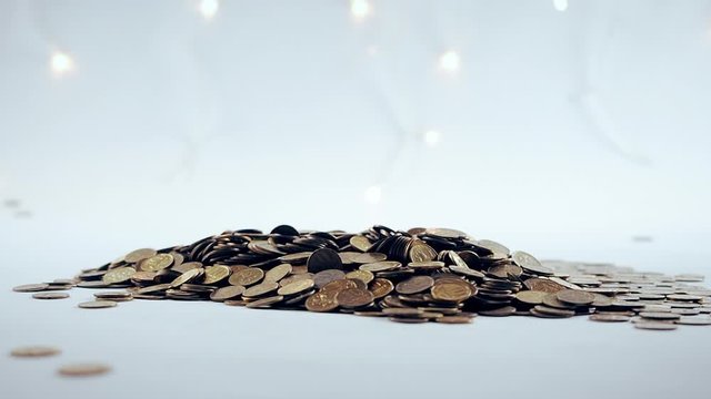 White-gloved hands scooping up a pile of gold coins. They sort out and scatter money.On white background. Garland. Money glitters.