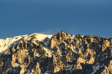 Peaceful mountain view of Hochschwab mountains Tragos, Oberort in Austria Styria. Tourist destination lake Gruner See in winter.