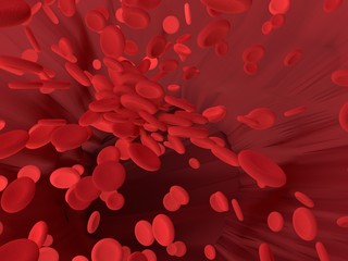 Red blood cell is flowing in blood vessel of body. Science graphic for education of school. 3D rendering.