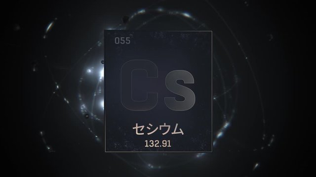 Cesium as Element 55 of the Periodic Table. Seamlessly looping 3D animation on silver illuminated atom design background orbiting electrons name, atomic weight element number in Japanese language