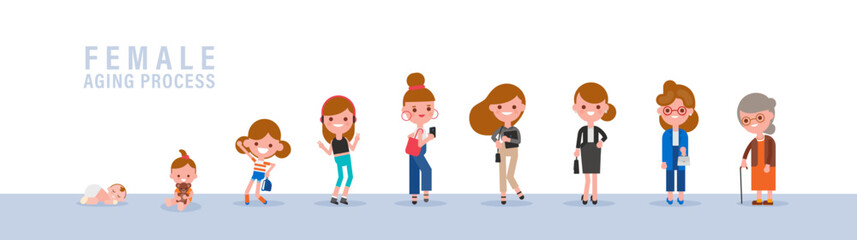 Female from child to old. Isolated vector cartoon illustration in flat design style.