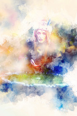 beautiful shamanic woman with headband in the nature. Computer painting effect.