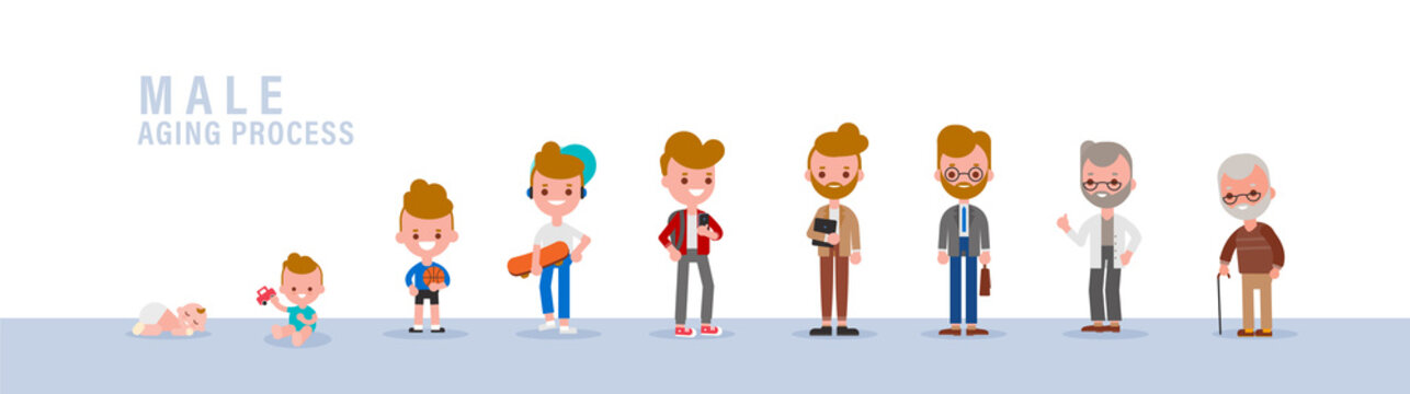 Male from child to old. Isolated vector cartoon illustration in flat design style.