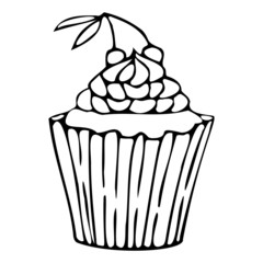 Vector illustration of cute cupcake. Black outlines isolated on white background. Doodle style. Design for greeting cards, gifts, wrapping paper etc.