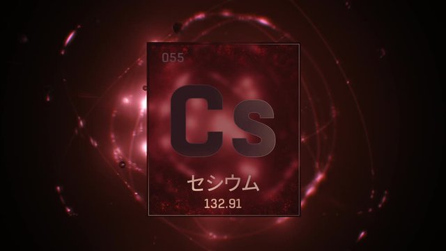 Cesium as Element 55 of the Periodic Table. Seamlessly looping 3D animation on red illuminated atom design background orbiting electrons name, atomic weight element number in Japanese language