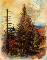 Landscape with mountains and trees, aquarel and computer effect.