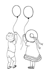 children girls and boy hold balls. eps10 vector stock illustration