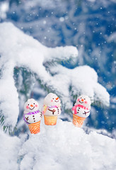 cute snowman in snow, winter landscape. Christmas and New Year festive background. winter holidays season concept. snowy weather. copy space. template for design