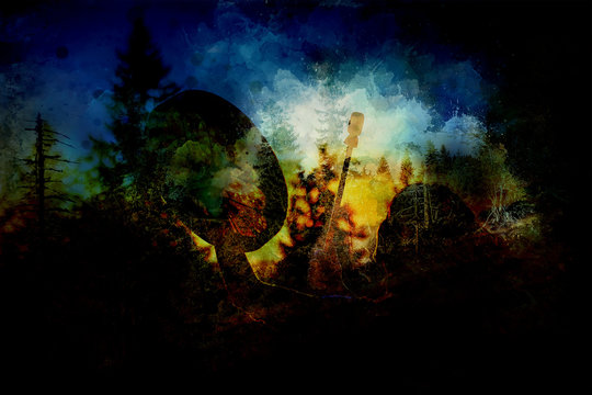 beautiful shamanic girl playing on shaman frame drum in the nature. Computer collage and painting effect.