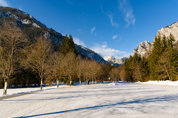 Obraz premium Peaceful mountain view of Hochschwab mountains Tragos, Oberort in Austria Styria. Tourist destination lake Gruner See in winter.