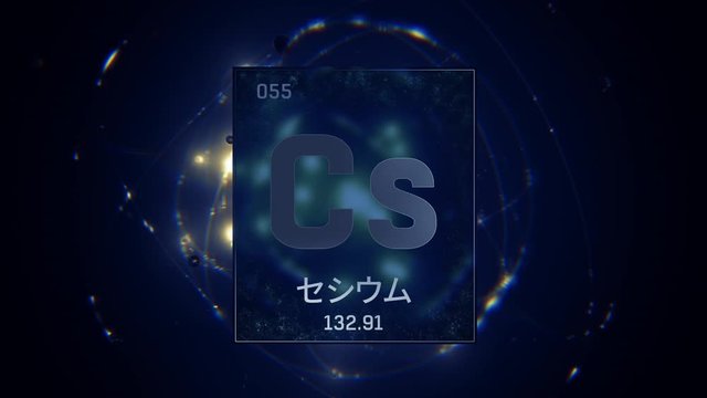 Cesium as Element 55 of the Periodic Table. Seamlessly looping 3D animation on blue illuminated atom design background orbiting electrons name, atomic weight element number in Japanese language