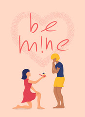 Girl proposes to a girl. Lesbian relationships postcard for valentines day