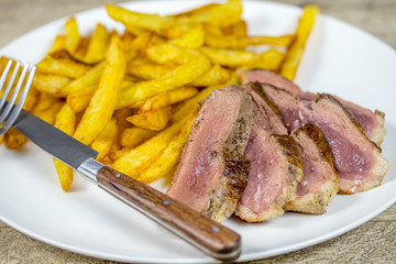 magret de canard et frites dans une assiette