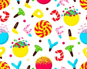 Seamless pattern of colorful isolated letters with candy. Vector illustration.