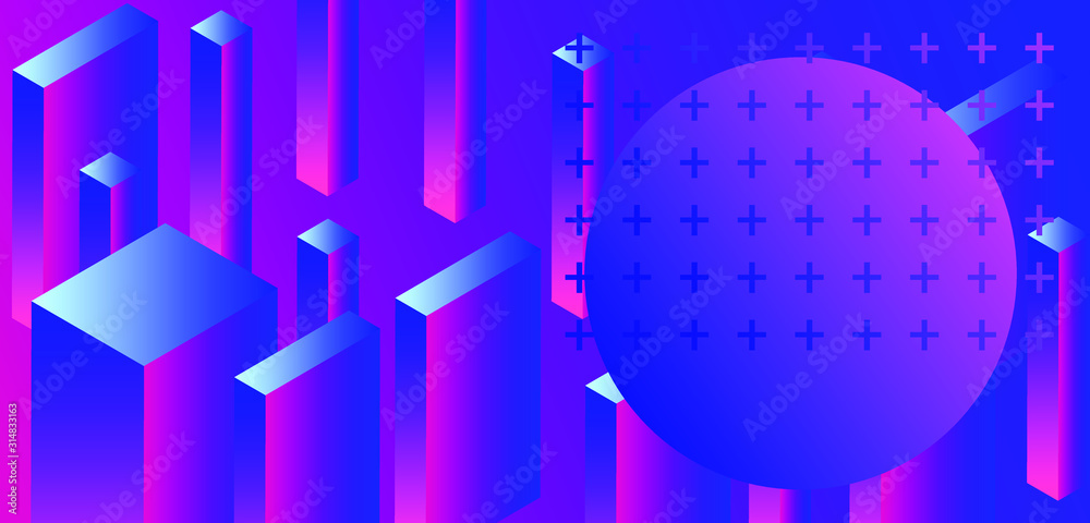 Aufkleber abstract geometric minimal background with 3d isometric blocks in neon 80's-90's fluorescent lightin