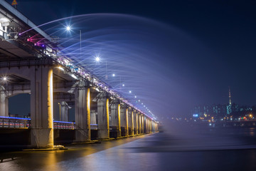 Rainbow Fountain show at Banpo Bridge in Seoul,South Korea.
