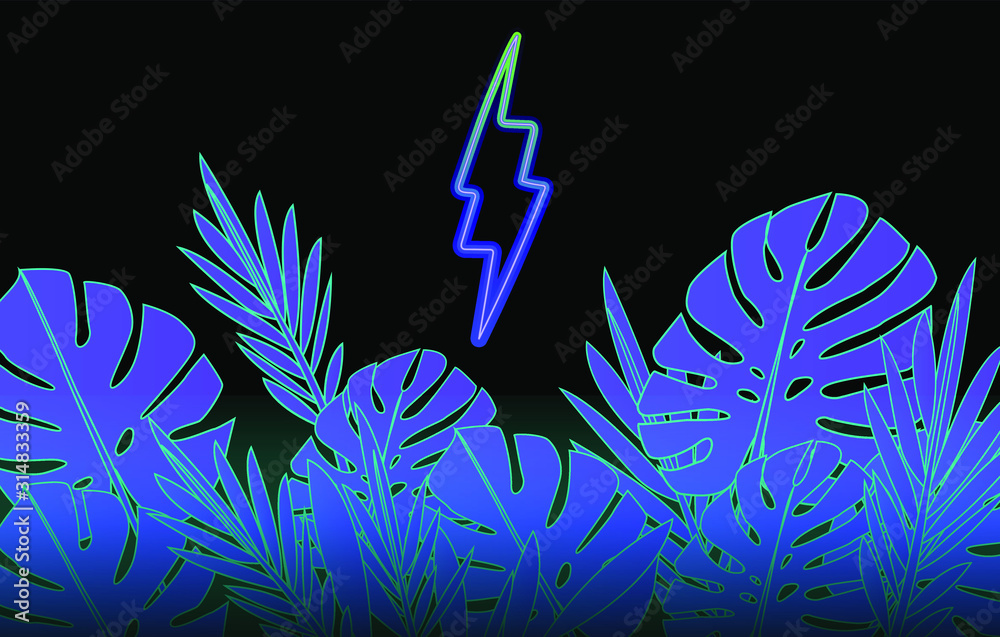Poster neon glowing sign of thunderbolt or lightning bolt with tropical palm leaves around it. retrowave an