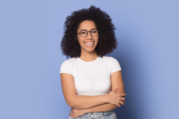 Confident happy african american young woman wearing spectacles.