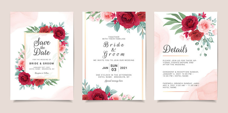 Set of card with flowers decoration. Invitation template set with floral bouquets. Roses and leaves botanic illustration for wedding card, background, save the date, greeting, poster, cover vector