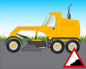 Vector illustration of the cartoon of the grader on road
