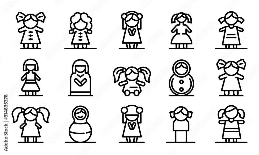 Sticker doll icons set. outline set of doll vector icons for web design isolated on white background - Stickers