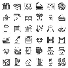 Theater museum icons set. Outline set of theater museum vector icons for web design isolated on white background