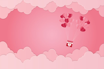 Valentine's day, heart-shaped balloon floating in the sky, pink background, paper art