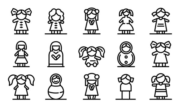 Doll icons set. Outline set of doll vector icons for web design isolated on white background