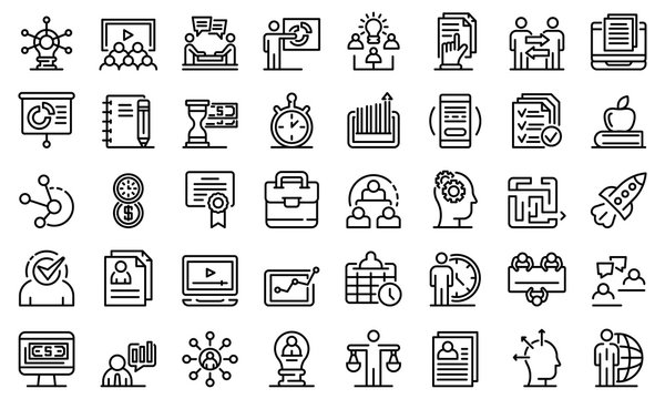 Business training icons set. Outline set of business training vector icons for web design isolated on white background