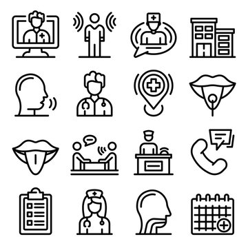 Speech therapist icons set. Outline set of speech therapist vector icons for web design isolated on white background