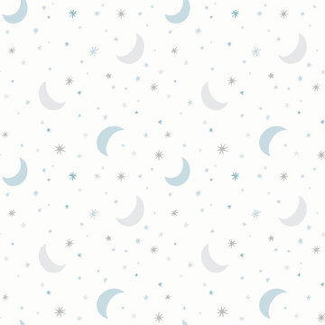 Moon and stars vector pattern. Night sky, cosmos, space seamless background in light pastel colors. 