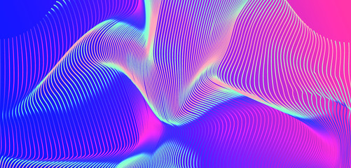 Abstract holographic background with glitched wavy surface of lines. Retrofuturistic vaporwave and synthwave style aesthetics.