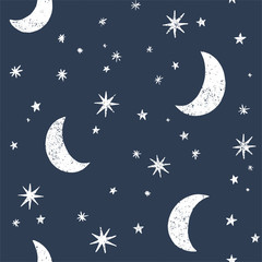 Obraz na płótnie Canvas Seamless pattern with moon and stars. Night sky space cosmos textured vector background in white and navy. 