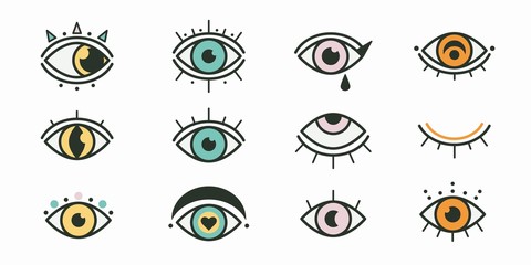 Abstract outline colored eyes, eyelashes. Closed and open. Minimalistic look and vision icons. Graphic vector set. Simple design. Trendy illustration. All elements are isolated