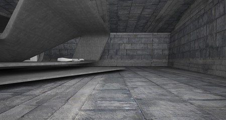 Abstract architectural concrete smooth interior of a minimalist house with swimming pool. 3D illustration and rendering.