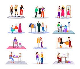 Fototapeta na wymiar Fashion designer in atelier flat color vector illustrations set. Creating stylish clothes. Runway models outfits. Designing new collection in studio isolated cartoon characters on white background