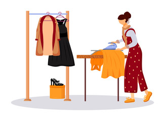Ironing dresses, jackets flat color vector illustration. Preparing clothes for fashion show. Clothing designer assistant. Dry cleaning service isolated cartoon character on white background