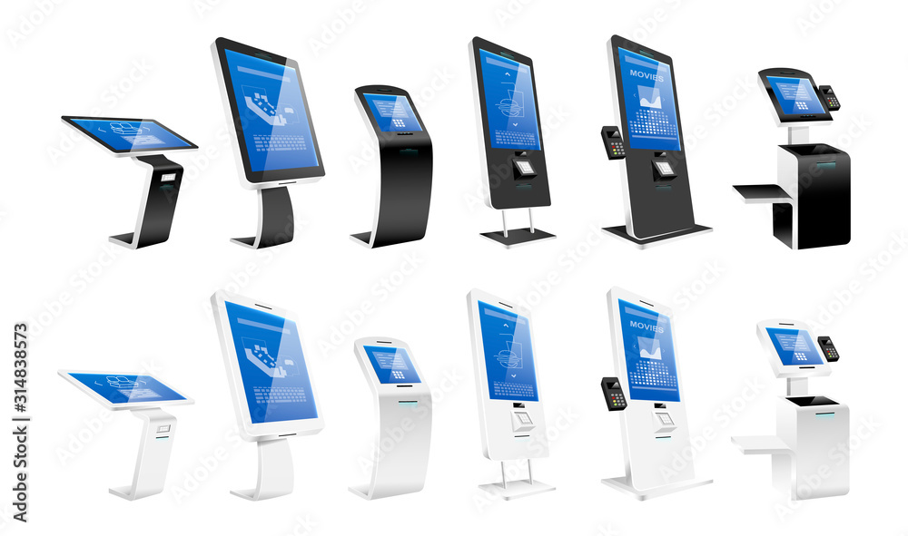 Poster self order kiosks realistic vector illustrations set. modern interactive machines and internet softw
