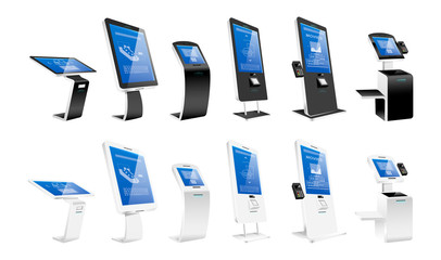 Self order kiosks realistic vector illustrations set. Modern interactive machines and internet software flat color objects. Payment terminals and atm constructions isolated on white background - obrazy, fototapety, plakaty