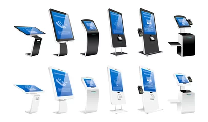 Deurstickers Self order kiosks realistic vector illustrations set. Modern interactive machines and internet software flat color objects. Payment terminals and atm constructions isolated on white background © The img