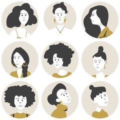 Set of people faces icons, female characters in a flat style. Cartoon cute avatars.