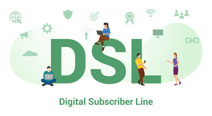 dsl digital subscriber line concept with big word or text and team people with modern flat style - vector - obrazy, fototapety, plakaty