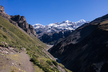 Fototapeta na wymiar Road to the base camp of Thorong-La pass, Nepal.